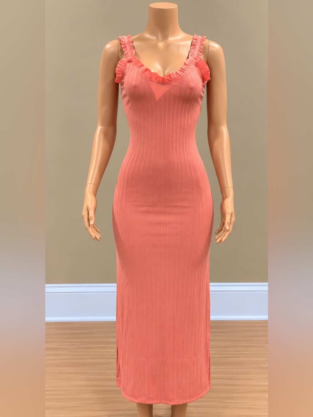 Haute Monde Pink Ribbed Ruffle Maxi Dress Side Slit Bodycon Small NWT